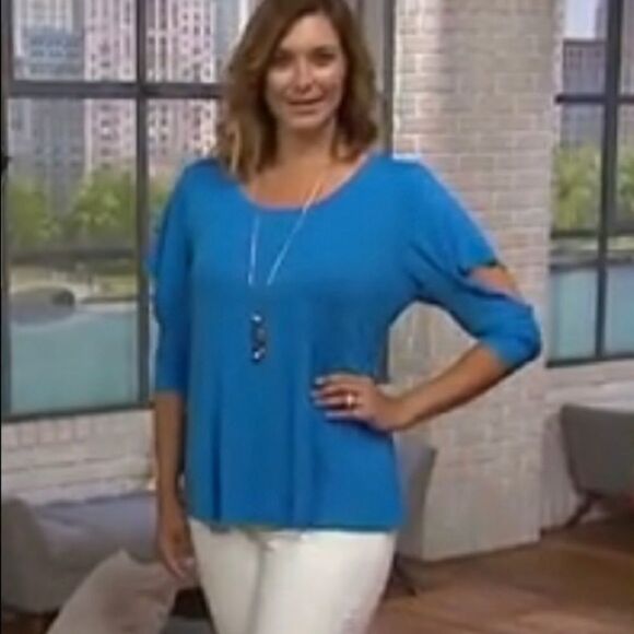 H by Halston Cut-Away Flounce Slvs Scoop Neck Knit Top - Picture 2 of 6